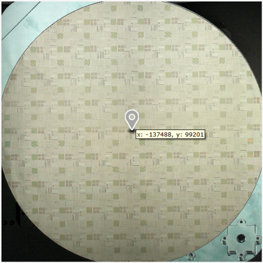 FX200 AFM sample-view camera image showing 200 mm wafer and XY coordinate marker for precise stage movement