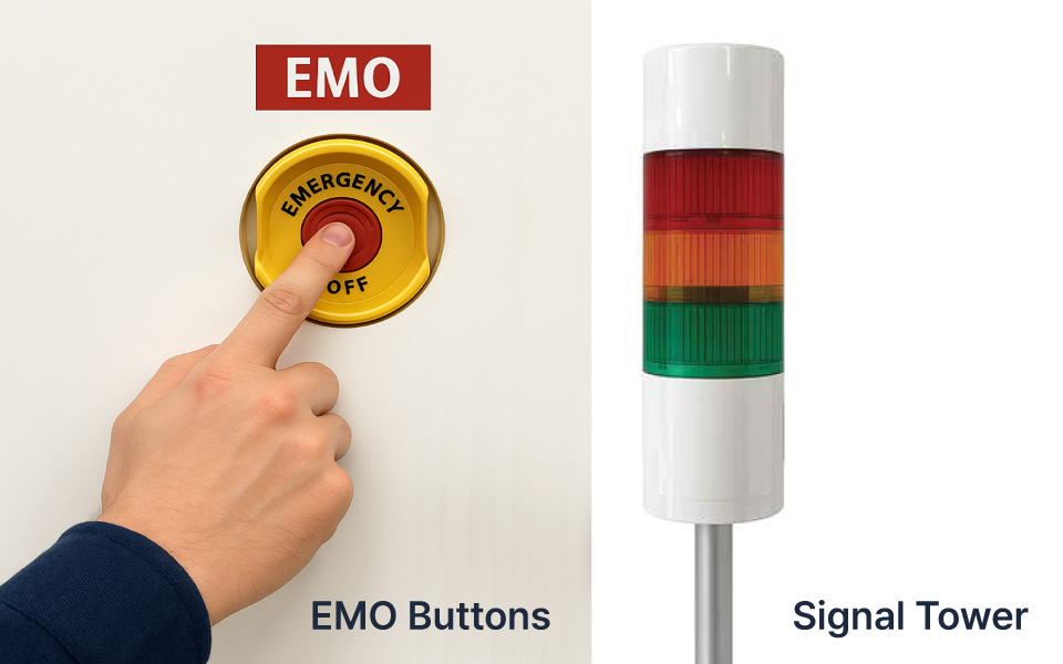 FX300 facility controller and signal tower with emergency-machine-off button for industrial AFM safety