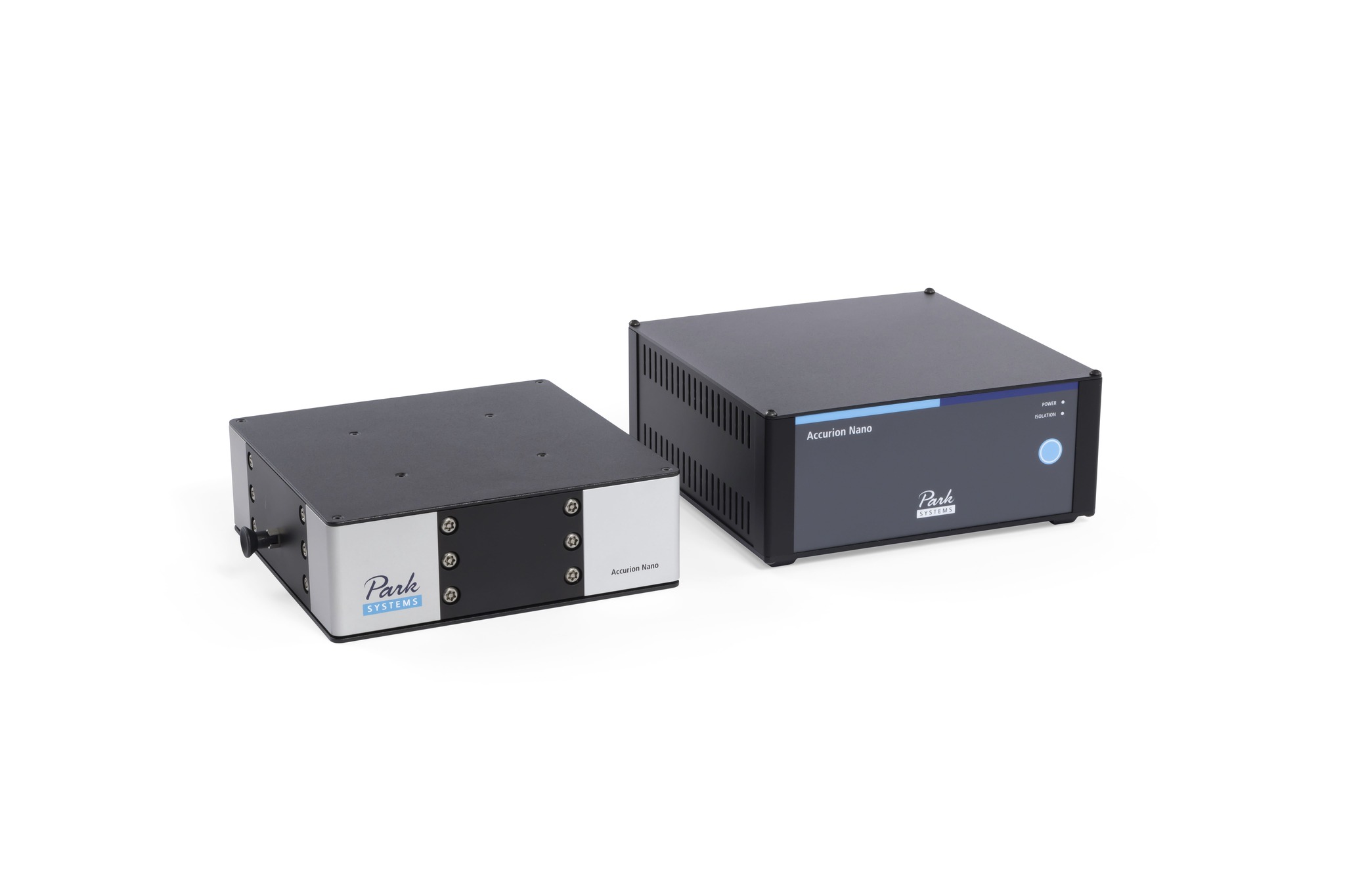 Park Systems Accurion Nano 20 active vibration isolation desktop unit, designed for lightweight applications such as scanning force microscopes, offering easy operation without load adjustment, right side