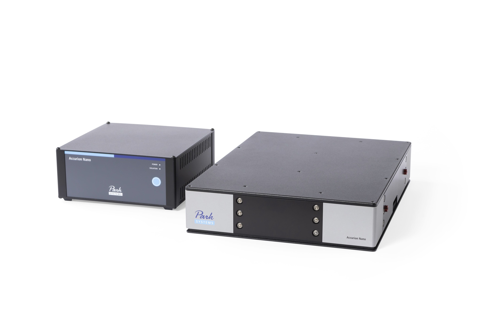 Park Systems Accurion Nano 30 active vibration isolation desktop unit, designed for lightweight applications such as scanning force microscopes, offering easy operation without load adjustment, left side