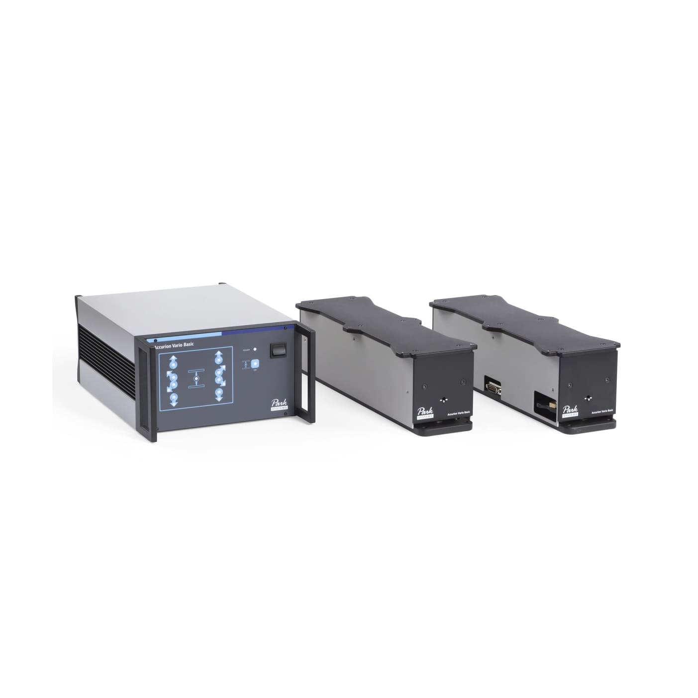 Park Systems Accurion Vario modular active vibration isolation system with two or more elements, designed for high static loads up to 900 kg, featuring automatic load adjustment, steel support frame, acoustic enclosure, and a rack-mountable external control unit. Ideal for custom applications like optical breadboards or laser set-ups.