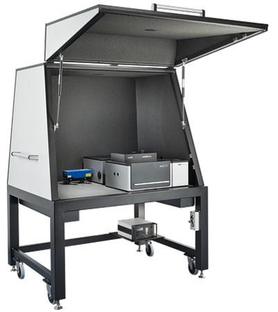 Neaspec neaSNOM on Park Systems Workstation Accurion Vario with steel frame and embedded optical breadboard, supporting larger, heavier applications, with acoustic enclosures.